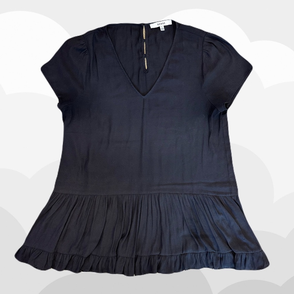 * Dark Grey Black V-Neck Blouse with Ruffles *